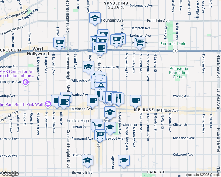 map of restaurants, bars, coffee shops, grocery stores, and more near 829 North Ogden Drive in Los Angeles