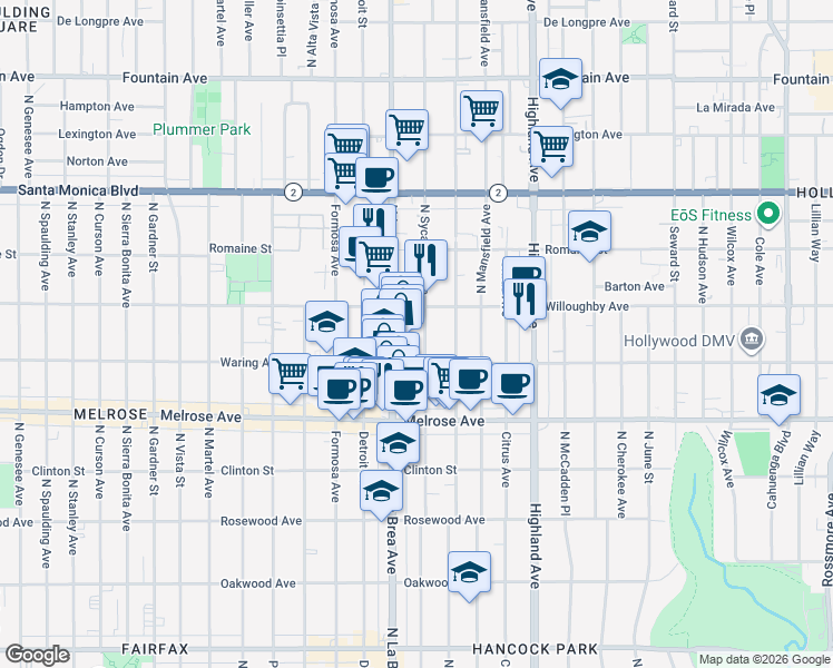 map of restaurants, bars, coffee shops, grocery stores, and more near 824 North Sycamore Avenue in Los Angeles