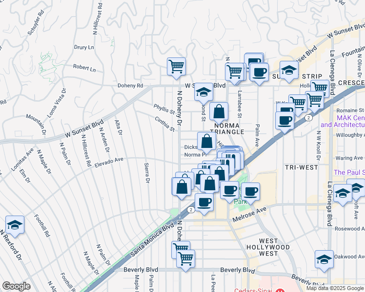 map of restaurants, bars, coffee shops, grocery stores, and more near 848 North Doheny Drive in West Hollywood