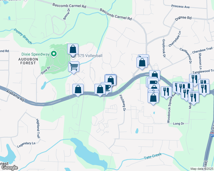 map of restaurants, bars, coffee shops, grocery stores, and more near 302 Woodson Way in Woodstock
