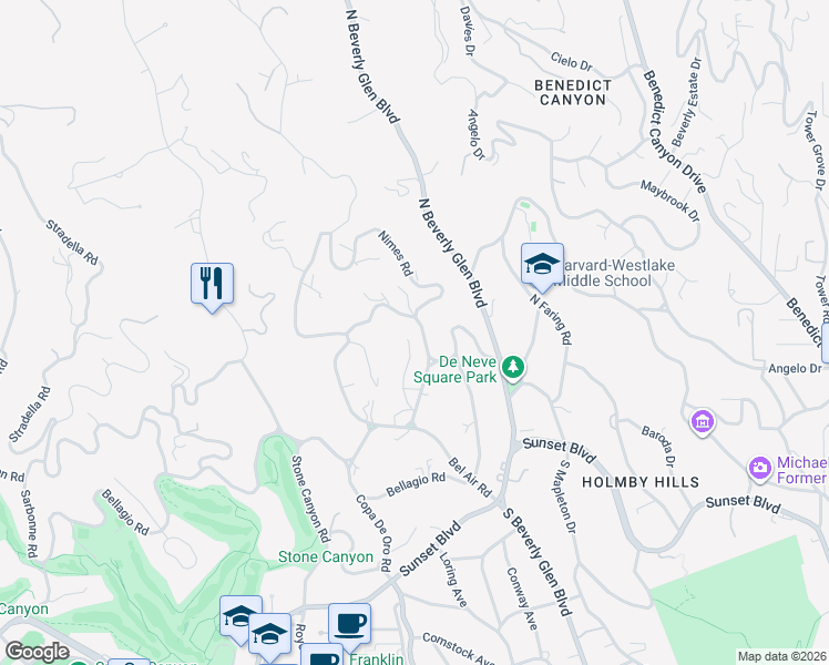 map of restaurants, bars, coffee shops, grocery stores, and more near 501 Saint Cloud Road in Los Angeles