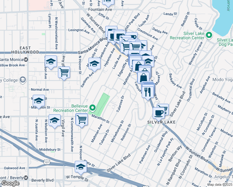 map of restaurants, bars, coffee shops, grocery stores, and more near 967 Maltman Avenue in Los Angeles