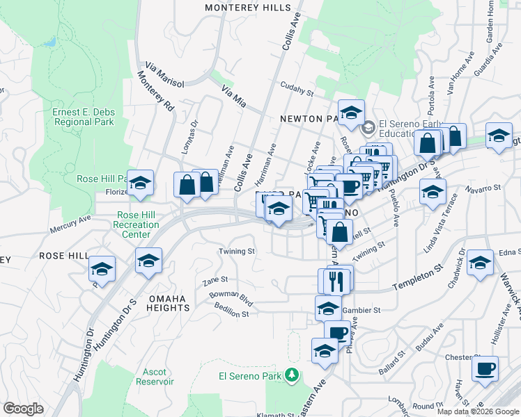 map of restaurants, bars, coffee shops, grocery stores, and more near 4765 Huntington Drive North in Los Angeles