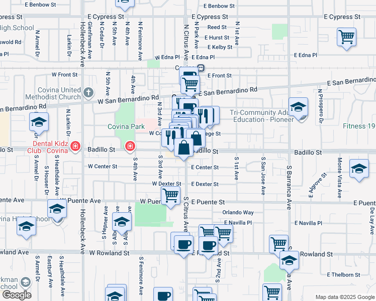 map of restaurants, bars, coffee shops, grocery stores, and more near 102 East Badillo Street in Covina