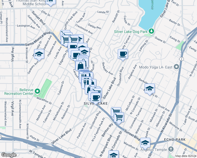 map of restaurants, bars, coffee shops, grocery stores, and more near 1659 Elevado Street in Los Angeles