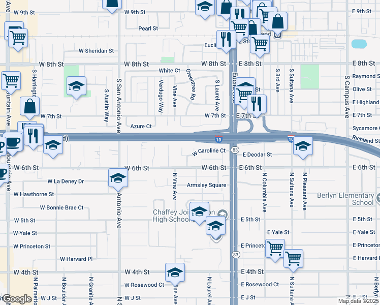 map of restaurants, bars, coffee shops, grocery stores, and more near 340 West Caroline Court in Ontario