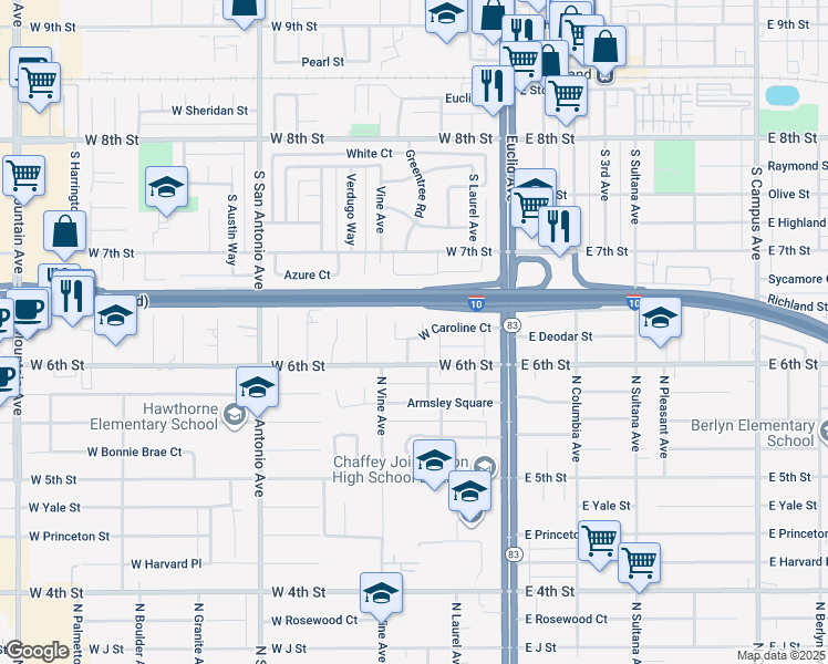 map of restaurants, bars, coffee shops, grocery stores, and more near 340 West Caroline Court in Ontario