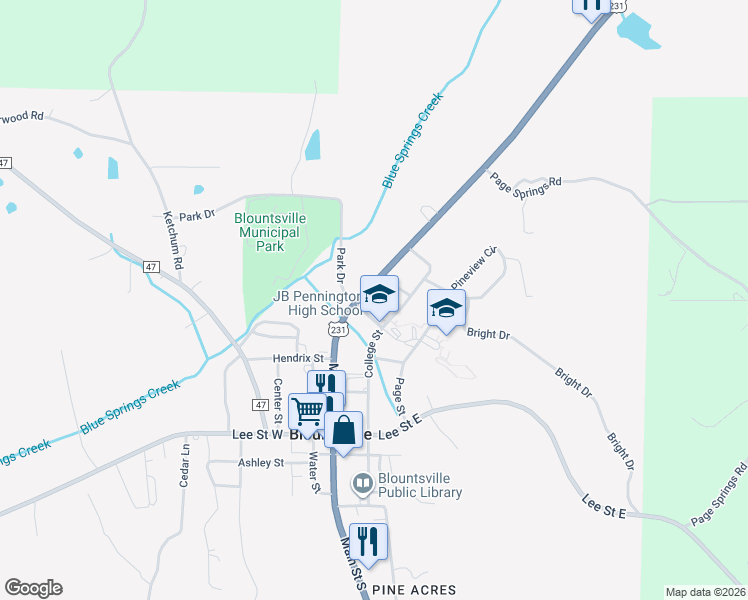 map of restaurants, bars, coffee shops, grocery stores, and more near 81 College Street in Blountsville