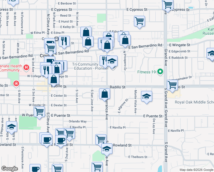 map of restaurants, bars, coffee shops, grocery stores, and more near East Badillo Street & North Barranca Avenue in Covina