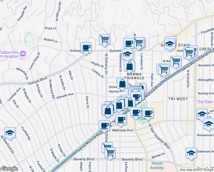 map of restaurants, bars, coffee shops, grocery stores, and more near 838 North Doheny Drive in West Hollywood