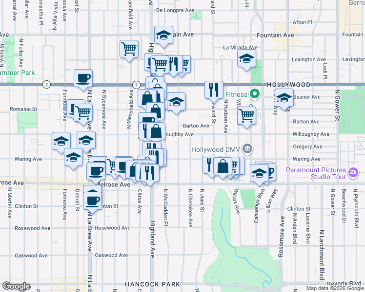 map of restaurants, bars, coffee shops, grocery stores, and more near 827 North Las Palmas Avenue in Los Angeles