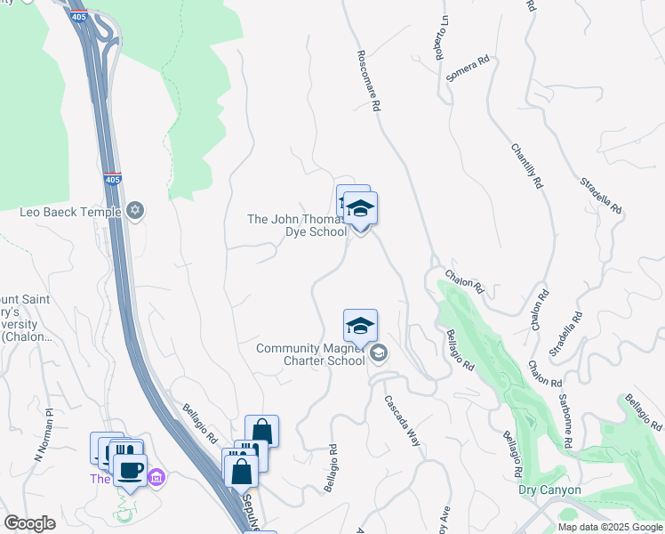 map of restaurants, bars, coffee shops, grocery stores, and more near 961 Linda Flora Drive in Los Angeles