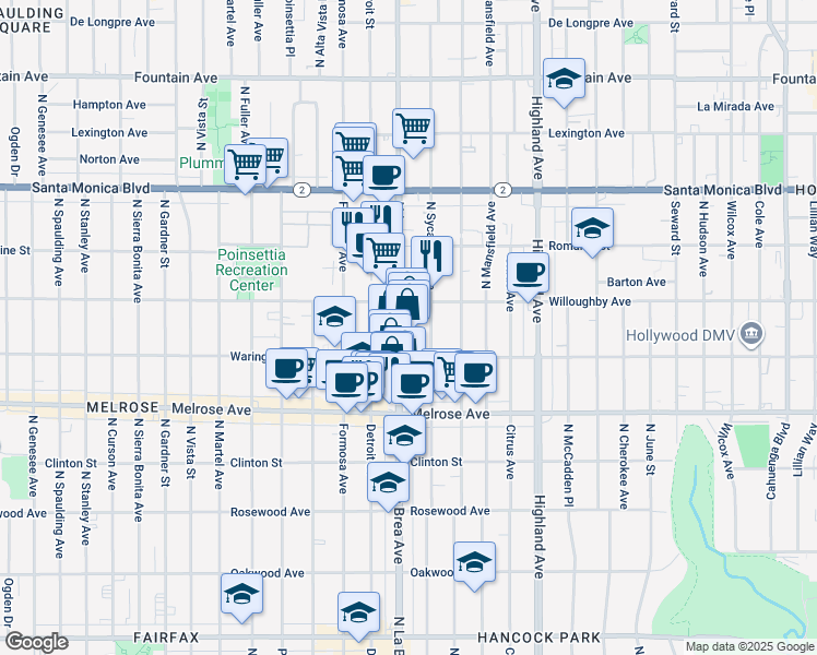 map of restaurants, bars, coffee shops, grocery stores, and more near 832b North La Brea Avenue in Los Angeles