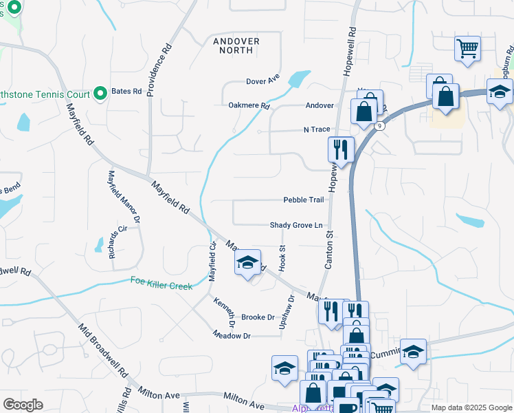 map of restaurants, bars, coffee shops, grocery stores, and more near 230 Pebble Trail in Alpharetta