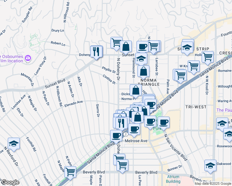 map of restaurants, bars, coffee shops, grocery stores, and more near 717 North Doheny Drive in Beverly Hills