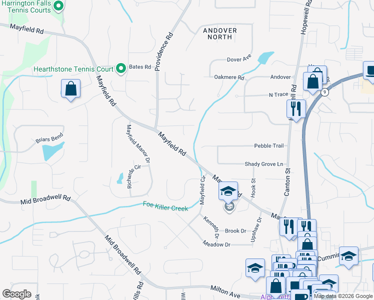 map of restaurants, bars, coffee shops, grocery stores, and more near 285 Mayfield Road in Alpharetta