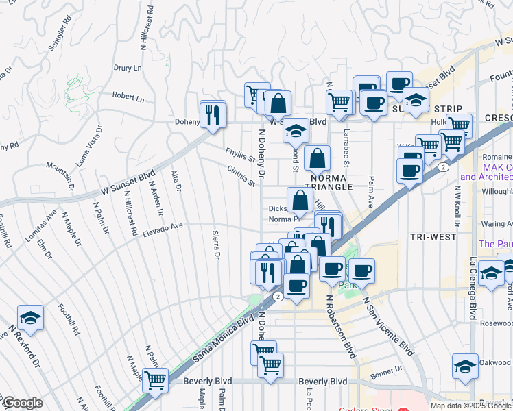 map of restaurants, bars, coffee shops, grocery stores, and more near 717 North Doheny Drive in Beverly Hills