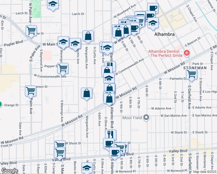map of restaurants, bars, coffee shops, grocery stores, and more near 409 South Atlantic Boulevard in Alhambra