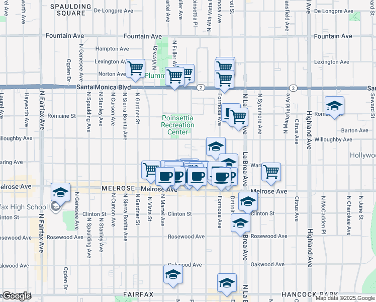 map of restaurants, bars, coffee shops, grocery stores, and more near 824 North Poinsettia Place in Los Angeles