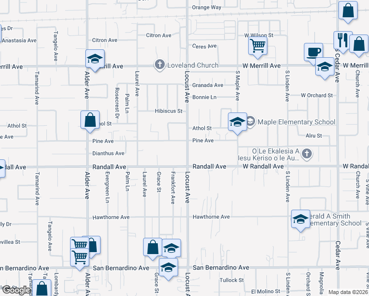 map of restaurants, bars, coffee shops, grocery stores, and more near 9226 Locust Avenue in Fontana
