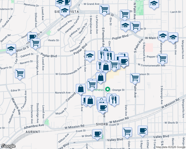 map of restaurants, bars, coffee shops, grocery stores, and more near 2712 Concord Avenue in Alhambra