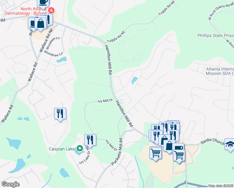 map of restaurants, bars, coffee shops, grocery stores, and more near 3050 Ivy Mill Drive in Buford