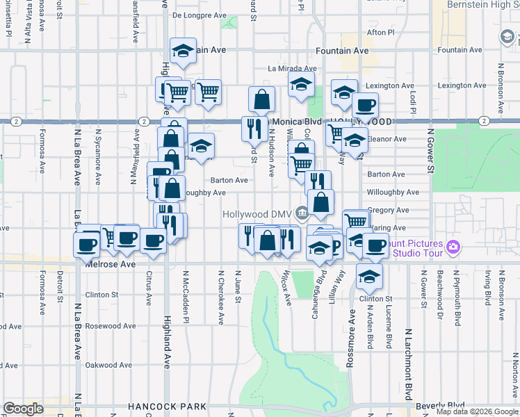 map of restaurants, bars, coffee shops, grocery stores, and more near 817 Seward Street in Los Angeles