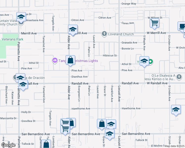 map of restaurants, bars, coffee shops, grocery stores, and more near 9224 Laurel Avenue in Fontana