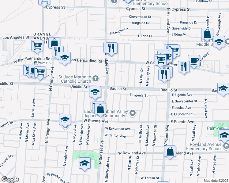 map of restaurants, bars, coffee shops, grocery stores, and more near 16029 East Elgenia Street in Covina