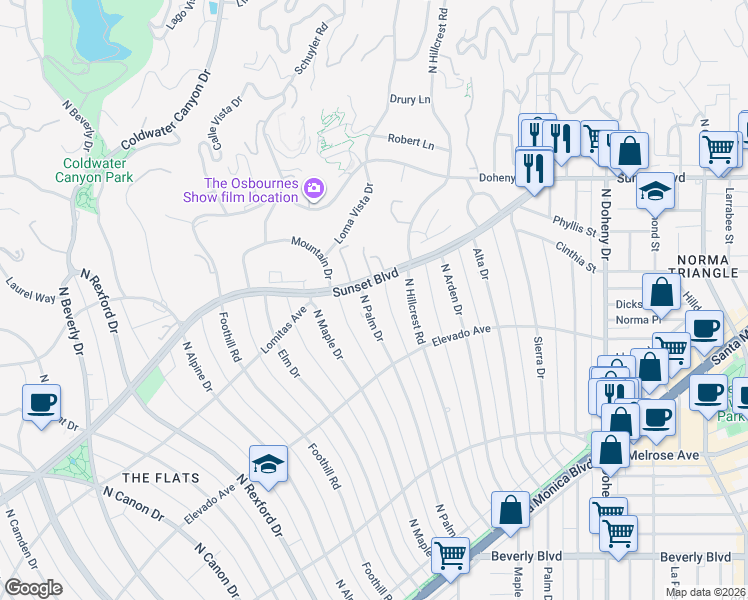 map of restaurants, bars, coffee shops, grocery stores, and more near 718 North Palm Drive in Beverly Hills