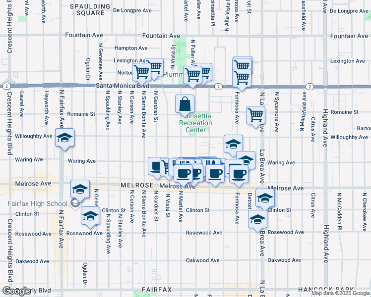 map of restaurants, bars, coffee shops, grocery stores, and more near 823 North Fuller Avenue in Los Angeles