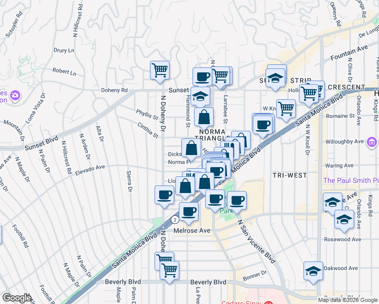 map of restaurants, bars, coffee shops, grocery stores, and more near 8968 Dicks Street in West Hollywood