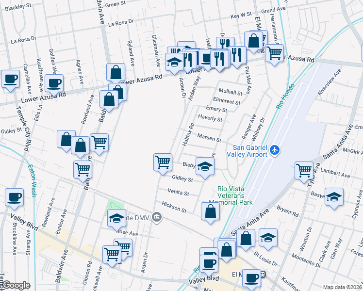 map of restaurants, bars, coffee shops, grocery stores, and more near 4436 Halifax Road in El Monte