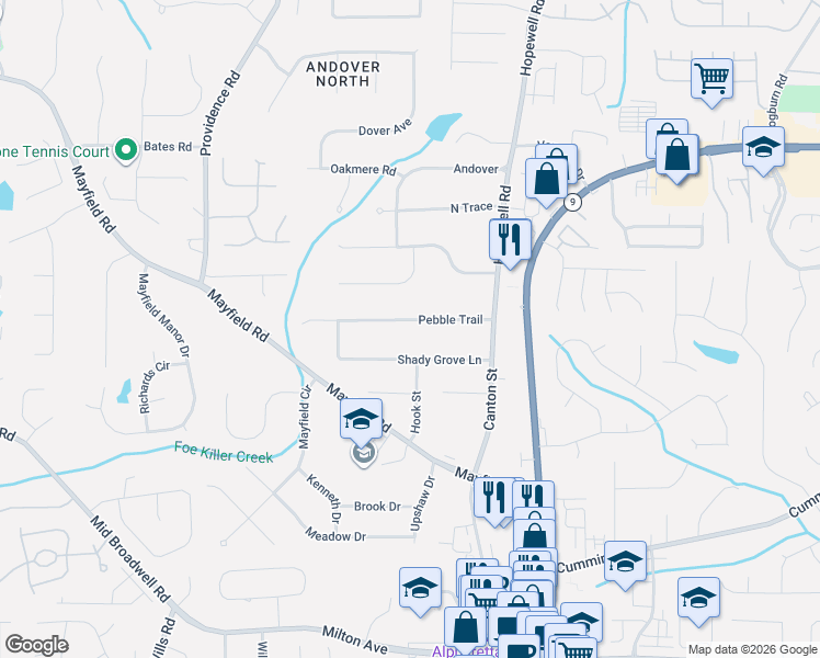 map of restaurants, bars, coffee shops, grocery stores, and more near 190 Pebble Trail in Alpharetta