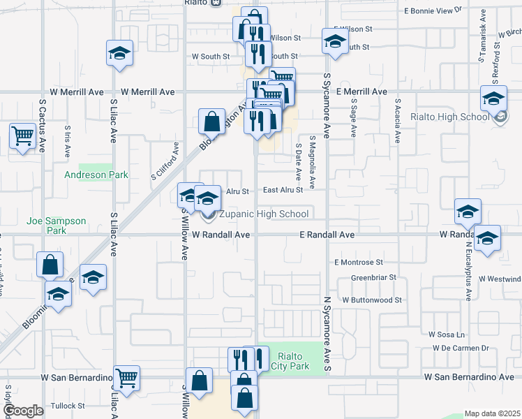 map of restaurants, bars, coffee shops, grocery stores, and more near 827 South Riverside Avenue in Rialto