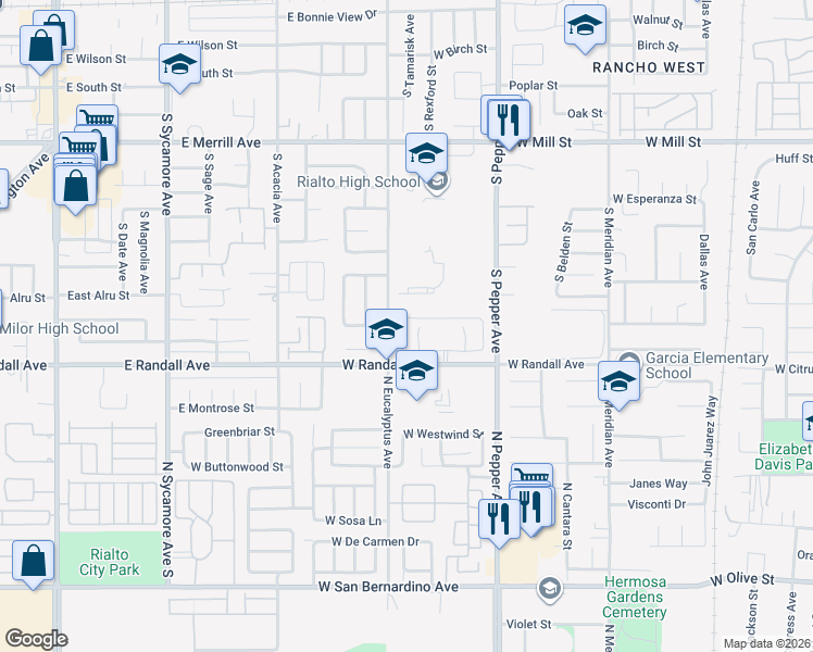 map of restaurants, bars, coffee shops, grocery stores, and more near 856 South Tamarisk Avenue in Rialto