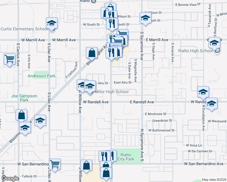 map of restaurants, bars, coffee shops, grocery stores, and more near 834 South Riverside Avenue in Rialto
