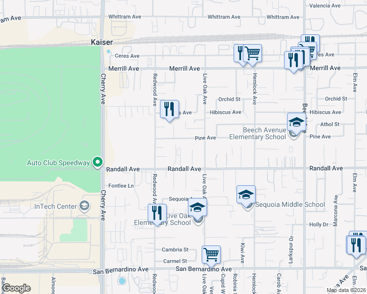 map of restaurants, bars, coffee shops, grocery stores, and more near 9226 Cattail Lane in Fontana