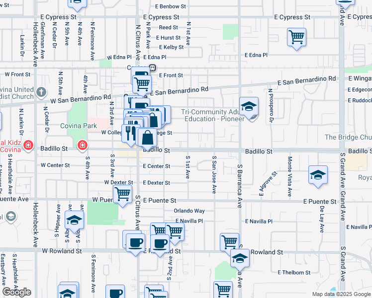map of restaurants, bars, coffee shops, grocery stores, and more near 250 East Badillo Street in Covina