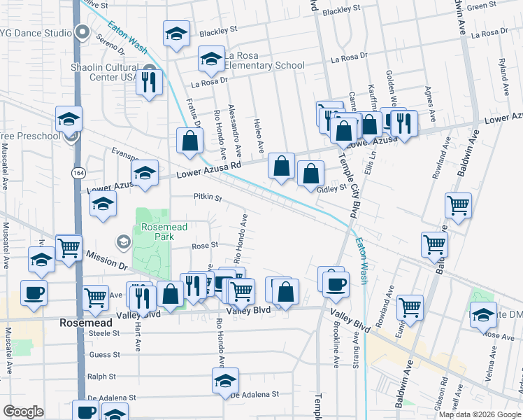 map of restaurants, bars, coffee shops, grocery stores, and more near 9428 Pitkin Street in Rosemead
