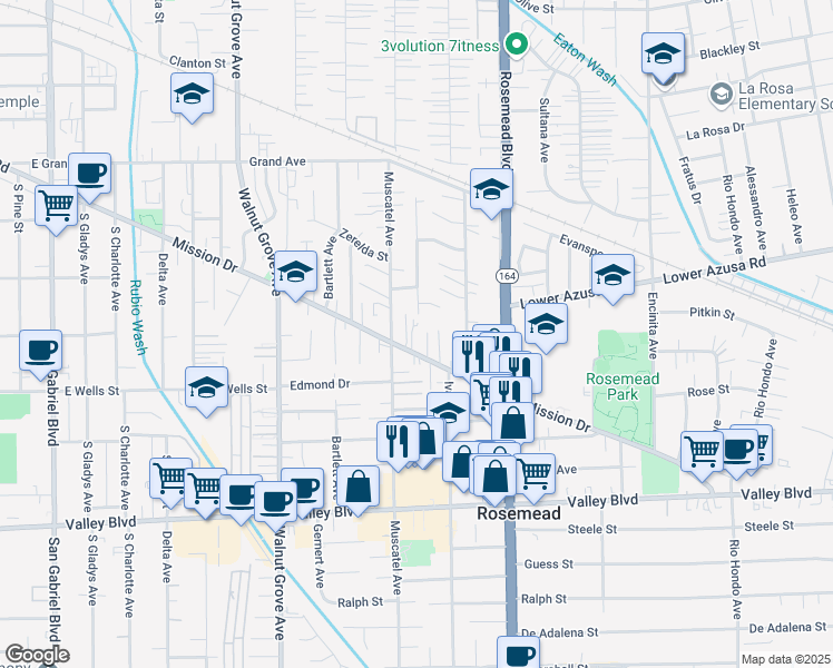 map of restaurants, bars, coffee shops, grocery stores, and more near 8817 Mission Drive in Rosemead