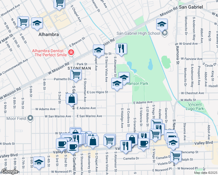 map of restaurants, bars, coffee shops, grocery stores, and more near 415 East Los Higos Street in Alhambra