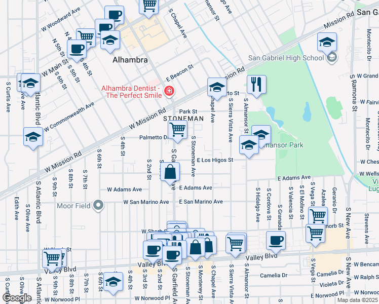 map of restaurants, bars, coffee shops, grocery stores, and more near 21 East Los Higos Street in Alhambra