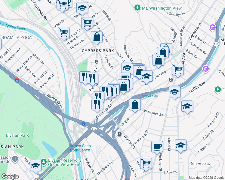 map of restaurants, bars, coffee shops, grocery stores, and more near 3207 North River Street in Los Angeles