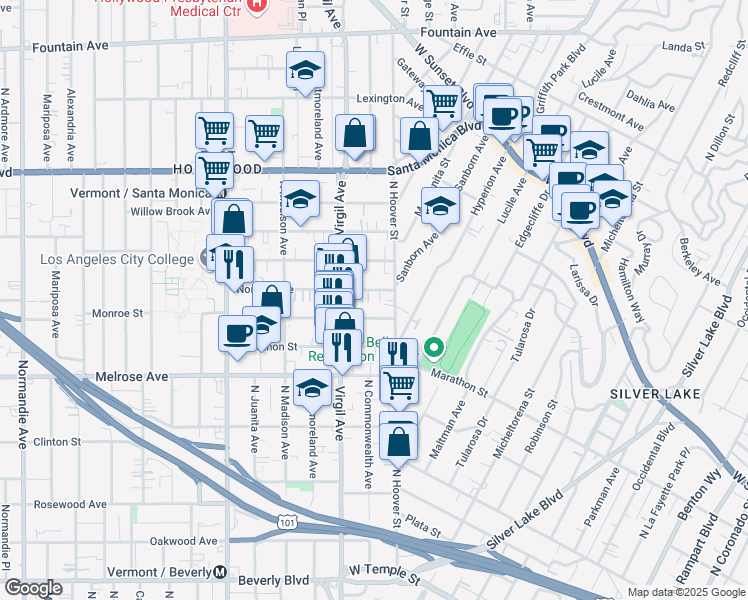 map of restaurants, bars, coffee shops, grocery stores, and more near 4029 Monroe Street in Los Angeles