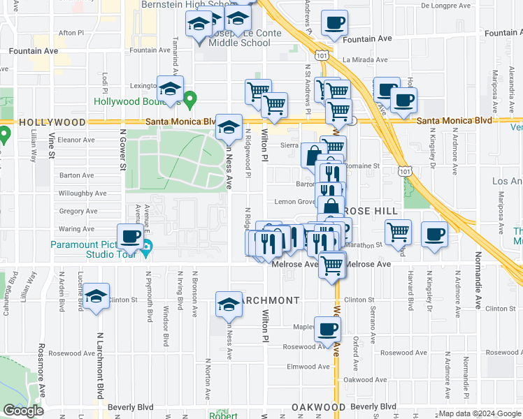 map of restaurants, bars, coffee shops, grocery stores, and more near 825 North Wilton Place in Los Angeles