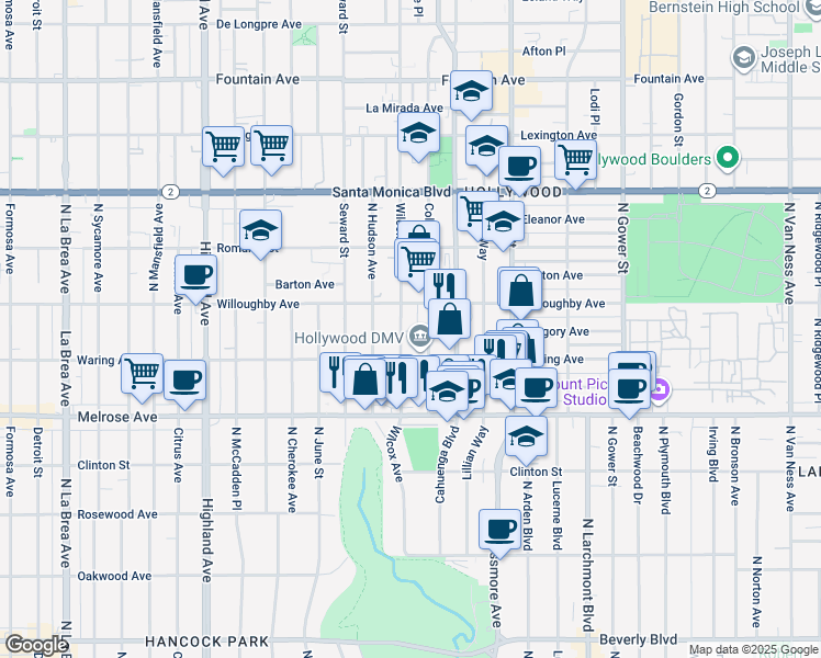 map of restaurants, bars, coffee shops, grocery stores, and more near 822 Wilcox Avenue in Los Angeles