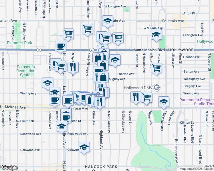 map of restaurants, bars, coffee shops, grocery stores, and more near 821 North McCadden Place in Los Angeles