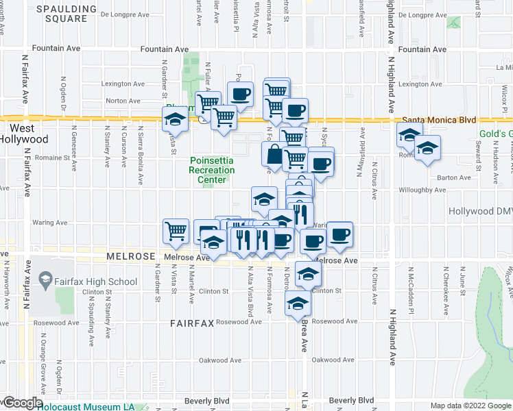 map of restaurants, bars, coffee shops, grocery stores, and more near 822 North Alta Vista Boulevard in West Hollywood