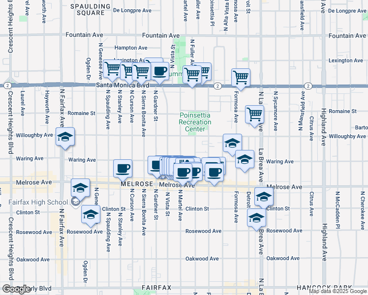map of restaurants, bars, coffee shops, grocery stores, and more near 823 North Martel Avenue in Los Angeles